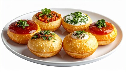 "Six crispy puris arranged on white plate, each filled with colorful chutneys, herbs, and garnishes."