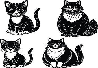 Set of cute black and white cartoon cats in clean vector style.