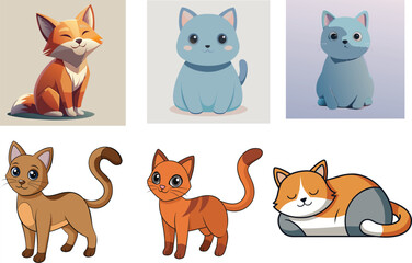 Cute funny cartoon animal face set with cats and other animals vector illustration