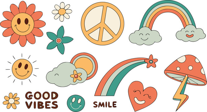 Vintage groovy set elements in flat graphic design. Vector illustration. Collection of funny cat, heart, sun, sunglasses, daisy, cactus, roller skates, music cassette, guitar, peace, unicorn, other.