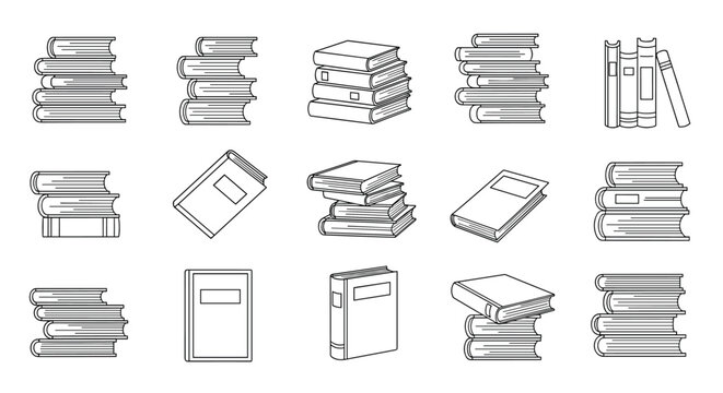 Grid of fifteen black and white line drawings of books in various stacks and single positions for library and education themes.