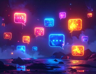 Glowing digital speech bubbles float in a vibrant cosmic scene