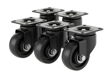  black industrial casters with metal plates on a transparent background