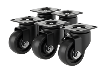  black industrial casters with metal plates on a transparent background