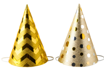 Two gold glitter party hats on transparent background for celebration