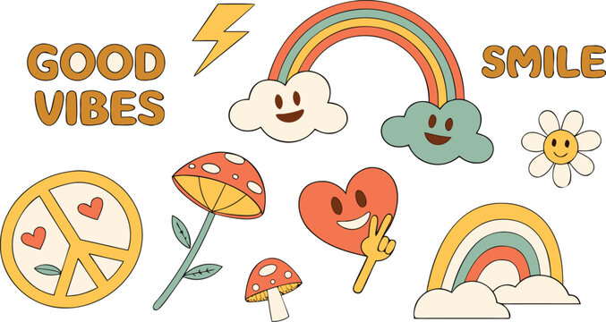 Vintage groovy set elements in flat graphic design. Vector illustration. Collection of funny cat, heart, sun, sunglasses, daisy, cactus, roller skates, music cassette, guitar, peace, unicorn, other.