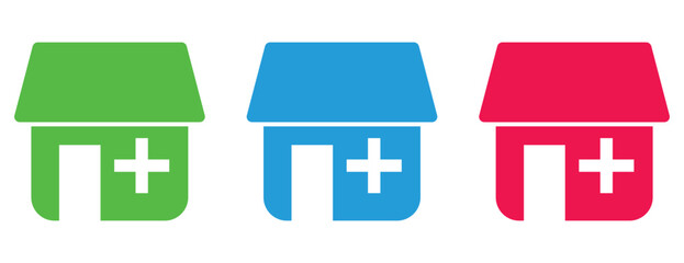 Simple building icons with plus symbol, colorful green blue and pink storefronts