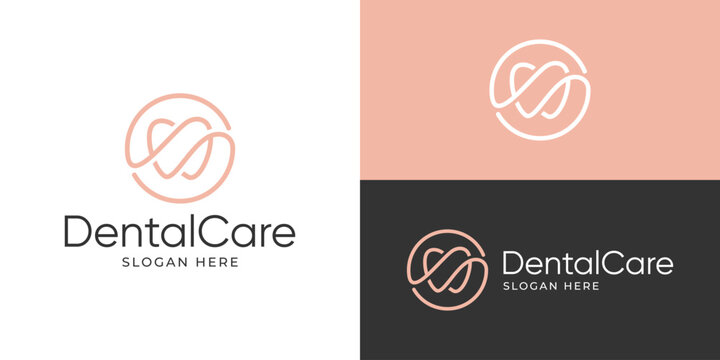 Creative simple dental care logo template. Circle shape with teeth linear logo design vector illustration.