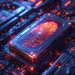 Glowing fingerprint embedded in circuit board, digital security concept