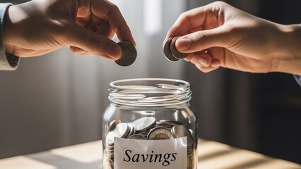 Hands placing coins into a savings jar on a wooden table indoors