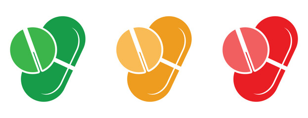 Overlapping pill and capsule icons, colorful green orange and red medication symbols