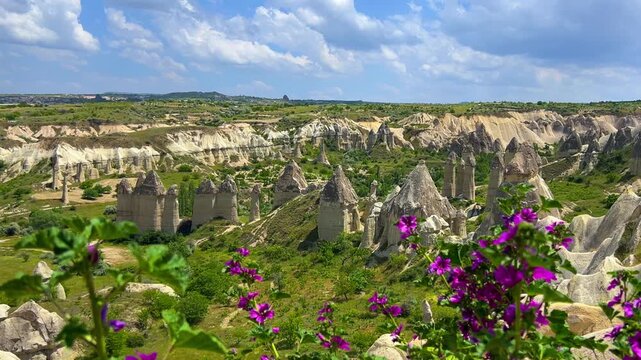 The Valley of Love in Goreme National Park. Unique rocks of various shapes. Sandstone cliffs. The wonders of Cappadocia are rock formations. The unusual shapes of the rocks are the property of Turkey.