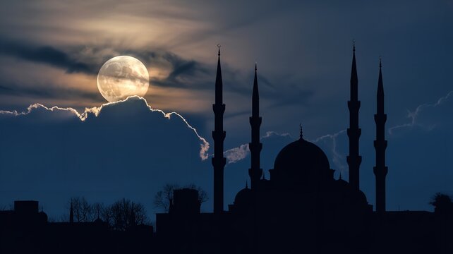 Mosque silhouette under night sky with silver moon