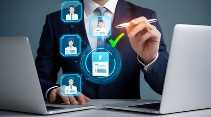 Professional Recruitment Interface With Holographic Profiles And Digital Resume Checkmark For Hiring In Modern Office