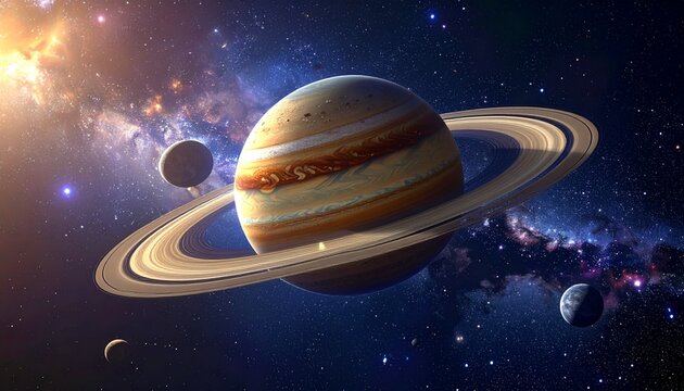 Dramatic view of saturn and moons in the vastness of space