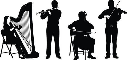 Classical music orchestra musicians silhouette vector illustration, harp flute cello and violin performers, concert band isolated on white background for musical event design, © MSTMUNMUN