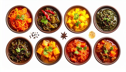 "Eight bowls of colorful Indian curries and vegetables with herbs and spices on white background."