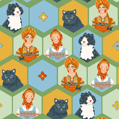 Fairytale characters from Russian Slavic folk tales, vector pattern. Women in vintage folk costumes, dogs, and cats. Animals and people, decorative wallpaper print.