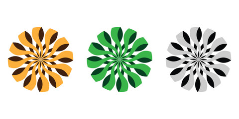 Set of three abstract 3D twisted ribbon mandalas in orange, green, and grayscale. Symmetrical geometric spiral logos with folded petal effects, ideal for modern branding, corporate identity, 