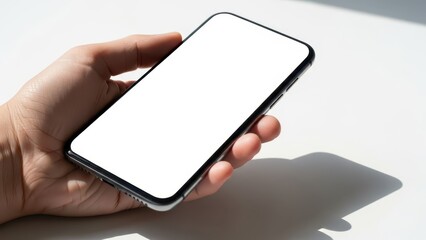 Hand holding a modern black smartphone with a blank white screen template mockup
