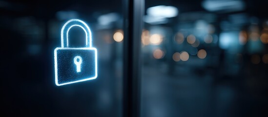 Glowing blue padlock symbol on a dark background with bokeh lights.