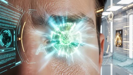 Man's Eye Scanned With Holographic Interface Displaying Access Granted - Powered by Adobe