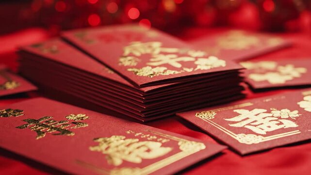 Stack of red envelopes with gold lettering for a Chinese New Year celebration, symbolizing good luck for a ceremony or gift