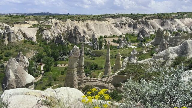 The Valley of Love in Goreme National Park. Unique rocks of various shapes. Sandstone cliffs. The wonders of Cappadocia are rock formations. The unusual shapes of the rocks are the property of Turkey.