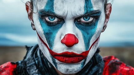 A close-up of a menacing clown with intense blue eyes, red nose, and unsettling makeup, creating a chilling and mysterious atmosphere.