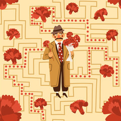 A mustachioed man in a hat holding a bouquet of red flowers. Labyrinth vector pattern and carnations. Floral geometric print.