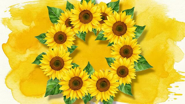 Sunflowers Forming Circle Wreath Over Yellow Watercolor Background