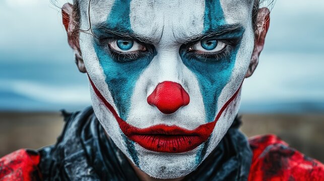 A close-up of a menacing clown with intense blue eyes, red nose, and unsettling makeup, creating a chilling and mysterious atmosphere.