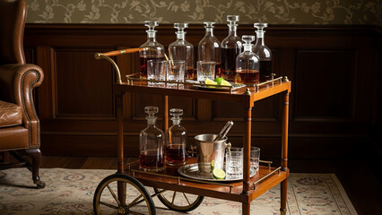 Exquisite antique bar cart with crystal glassware and vibrant green accents with copy space