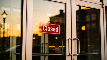 Clear glass entrance displays bold "Closed" notice in quiet evening light