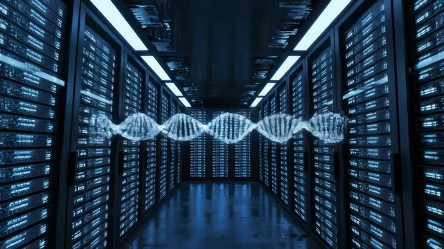 Dna Strand Forms From Code in Server Room in Dark Blue Tone Style