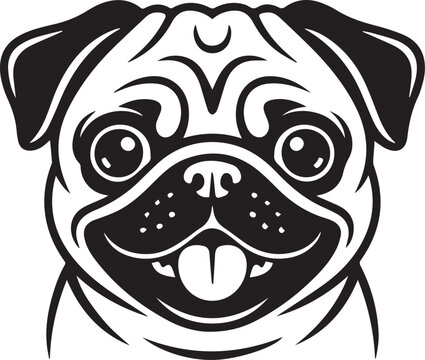 Cute Pug Dog Face Vector Illustration, Funny Puppy Cartoon Head Black and White Line Art