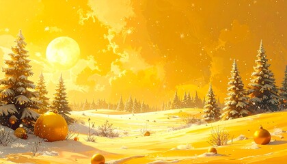 Golden winter landscape with snowy ground, trees, and Christmas ornaments