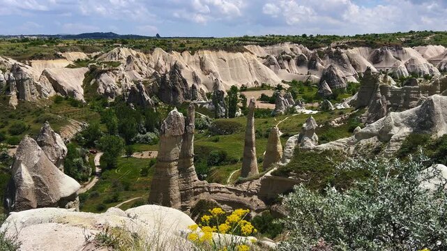 The Valley of Love in Goreme National Park. Unique rocks of various shapes. Sandstone cliffs. The wonders of Cappadocia are rock formations. The unusual shapes of the rocks are the property of Turkey.