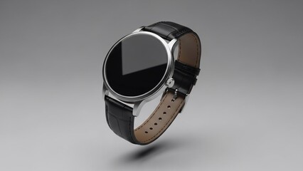 A sleek, modern wrist-worn digital timepiece with a black leather band, showcasing its circular display on a subtle gradient background, perfect for showcasing wearable technology and fashion
