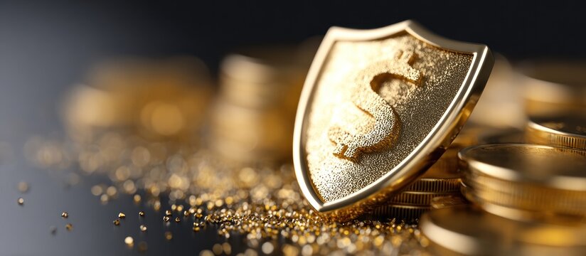 Golden Shield with Dollar Sign on Pile of Coins. - Powered by Adobe