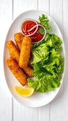 Golden-brown fried food, lettuce, sauce, onion, and lemon on a white plate
