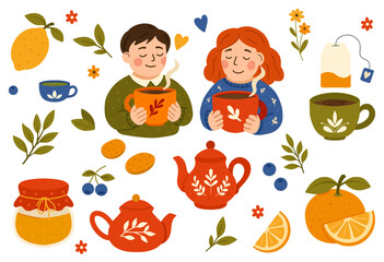 Tea time set with man and woman drinking tea, teapot, cups, pastries, honey, jam and citrus fruits. For cafe menus, bakery posters, couples events, stickers, web banners.