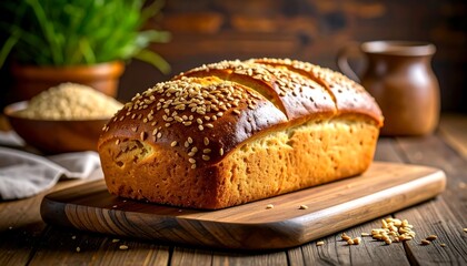 Golden-brown loaf of bread on wooden board, sesame seeds topping