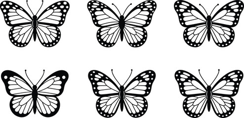 Black and white outlines of monarch butterflies in a grid layout butterfly monarch butterfly © MDBENJIR