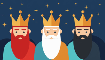 Ilustración vectorial plana de los tres Reyes Magos sonrientes bajo un cielo estrellado. Diseño moderno, minimalista y colorido con personajes simpáticos y coronas.