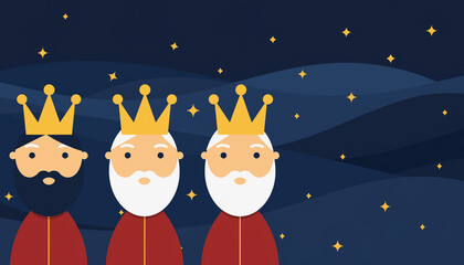 Ilustraci&oacute;n vectorial plana de los tres Reyes Magos sonrientes bajo un cielo estrellado. Dise&ntilde;o moderno, minimalista y colorido con personajes simp&aacute;ticos y coronas.