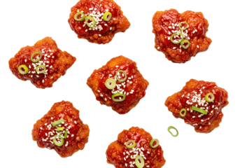 Delicious Crispy Korean Fried Chicken Pieces Garnished With Sesame Seeds And Scallions Top View