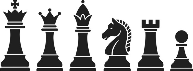 Black Silhouette Chess Pieces King Queen Bishop Knight Rook Pawn Set vector illustration © MDBENJIR