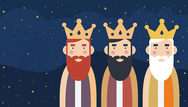 Ilustraci&oacute;n vectorial plana de los tres Reyes Magos sonrientes bajo un cielo estrellado. Dise&ntilde;o moderno, minimalista y colorido con personajes simp&aacute;ticos y coronas.