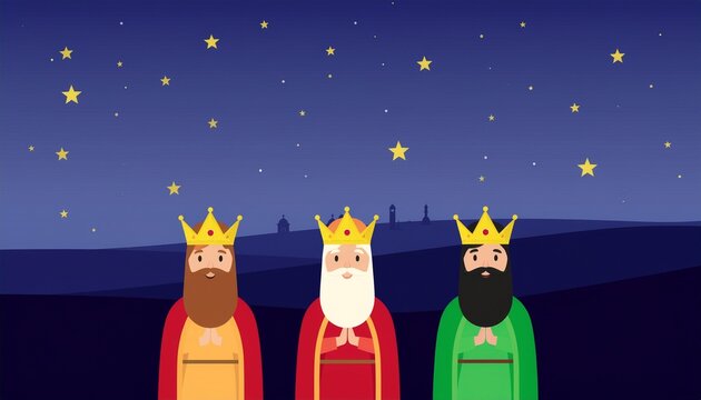 Ilustraci&oacute;n vectorial plana de los tres Reyes Magos sonrientes bajo un cielo estrellado. Dise&ntilde;o moderno, minimalista y colorido con personajes simp&aacute;ticos y coronas.